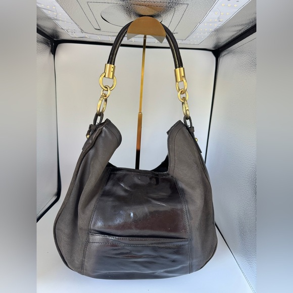 Brahmin Brown Suede Leather Hobo Shoulder Bag Gold Hardware - Picture 3 of 17